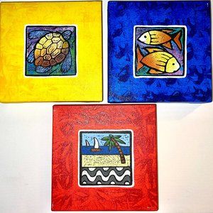 3PC SEALIFE/BEACH HANDFRAMED PAINTED CANVASES BY ARTIST SICCURO NO DATE 3 COLORS